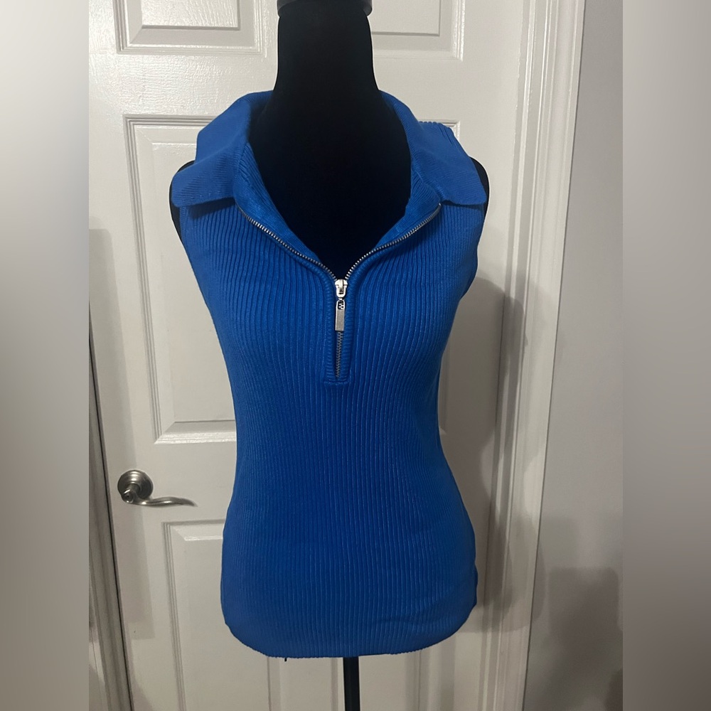Blue Ribbed Sleeveless Top with Zipper